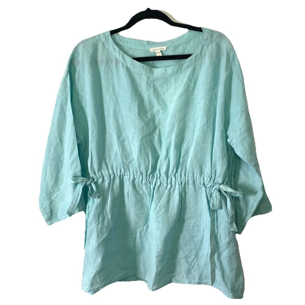 Eileen Fisher Womens Medium Shirt 100% Linen‎ Aqua Blue Drawstring Cinch Waist
